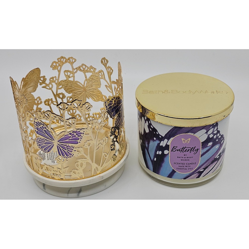 Bath & Body Works Butterfly 3-Wick Scented Candle and Gold Butterfly Holder Set